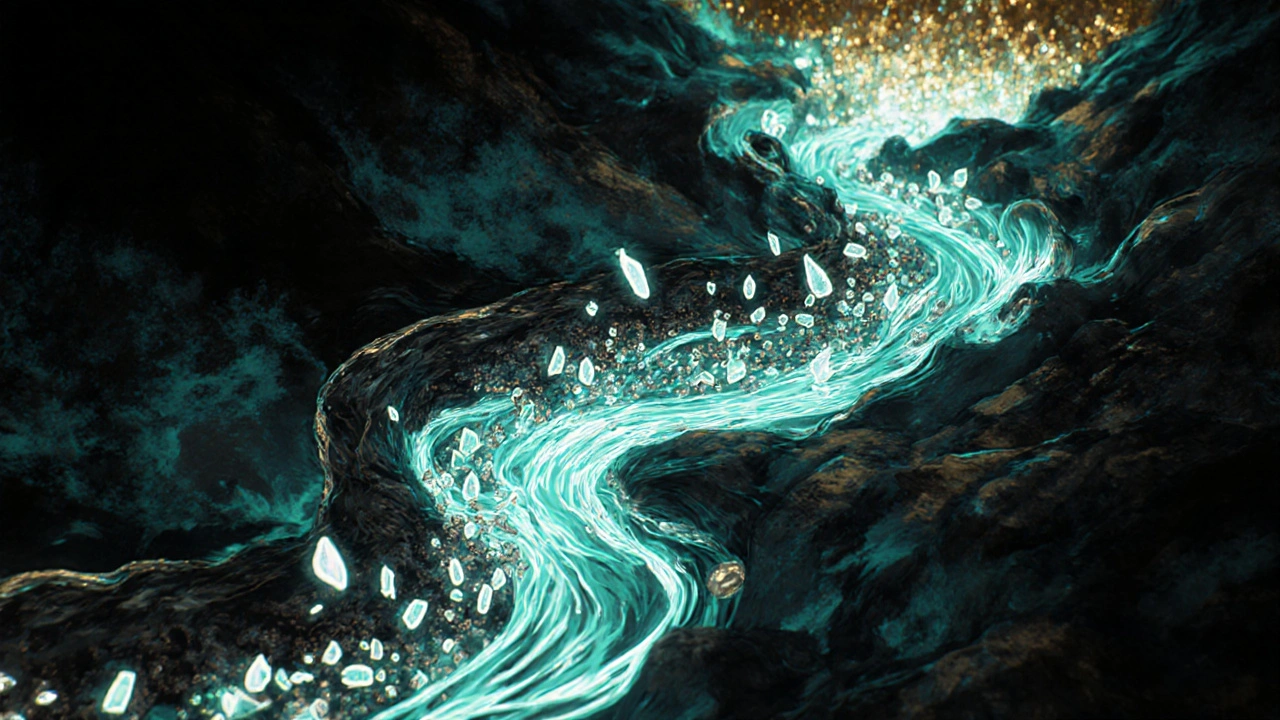 Glowing digestive tract being cleansed by silica particles in mystical river.