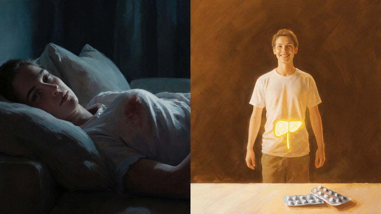 Before‑after split scene showing fatigue on left and energetic posture on right after treatment.