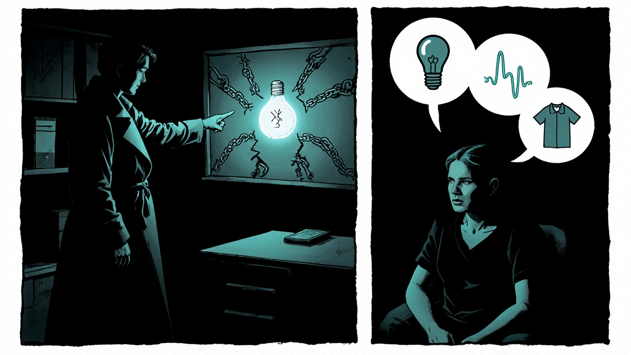 CBT session showing therapist with broken chains, patient with thought bubbles of coping tools, noir lighting.