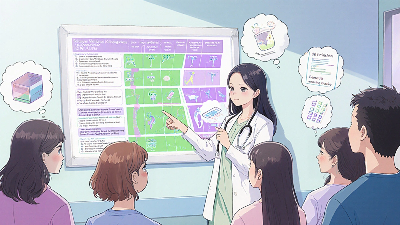 Clinic team reviewing a comparison chart of raltegravir, dolutegravir, and elvitegravir with women patients.