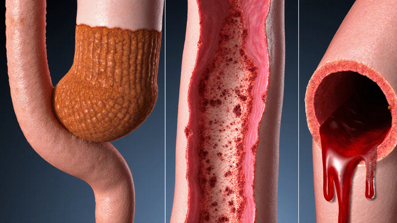 Close‑up endoscopic view of Barrett’s tissue, narrowed stricture, and bleeding ulcer.