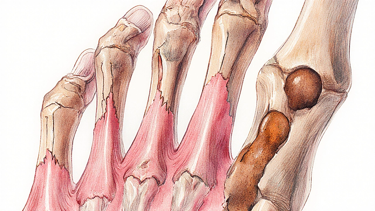 Close-up view of hand bones with subperiosteal erosion and brown tumor from high bone turnover.