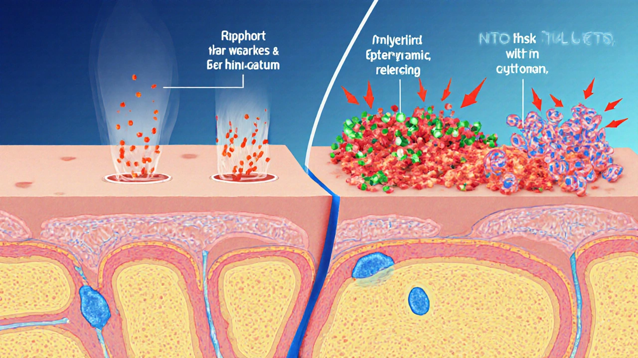 Cross‑section diagram showing pollutants damaging skin layers and microbes.
