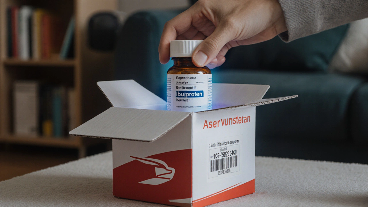 Delivery box opened to show ibuprofen bottle and batch label being inspected.