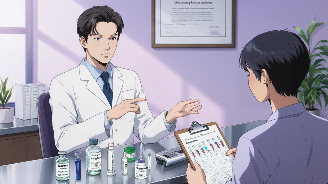Dermatologist office with doctor and patient reviewing various acne treatment options on a table.
