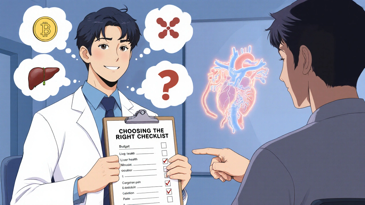Doctor and patient reviewing a checklist with icons for budget, liver health, and muscle pain.