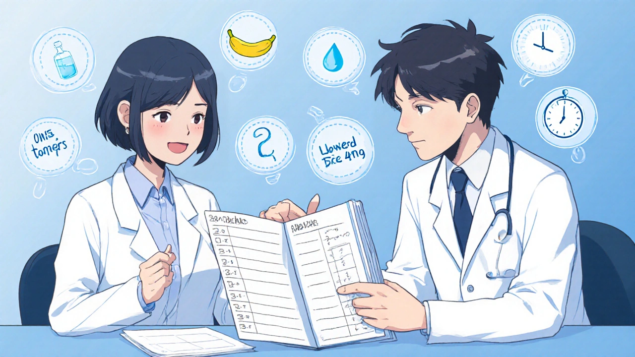 Doctor and patient reviewing a headache logbook with visual tips for managing medication side effects.