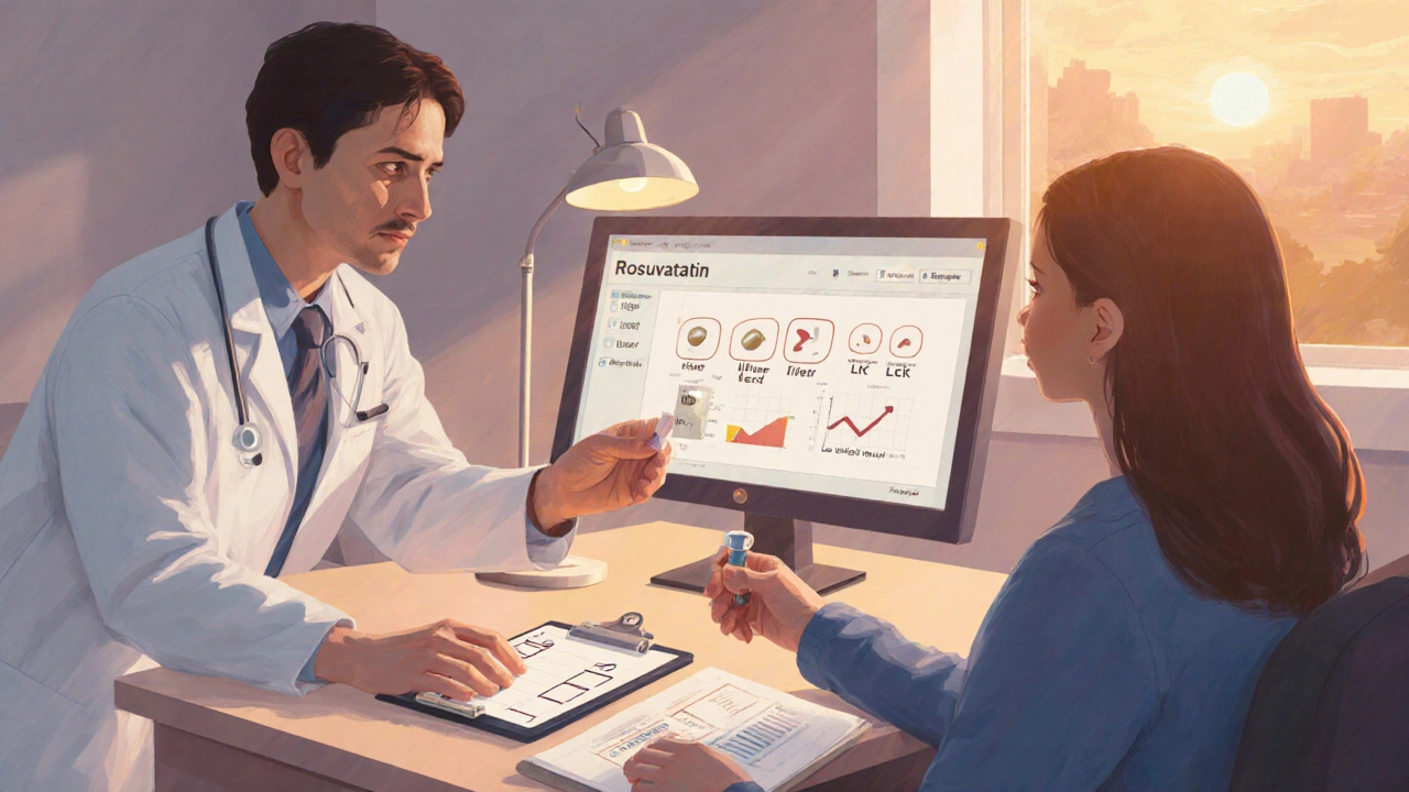 Doctor offering a rosuvastatin tablet to a patient with a checklist and LDL chart on a screen.