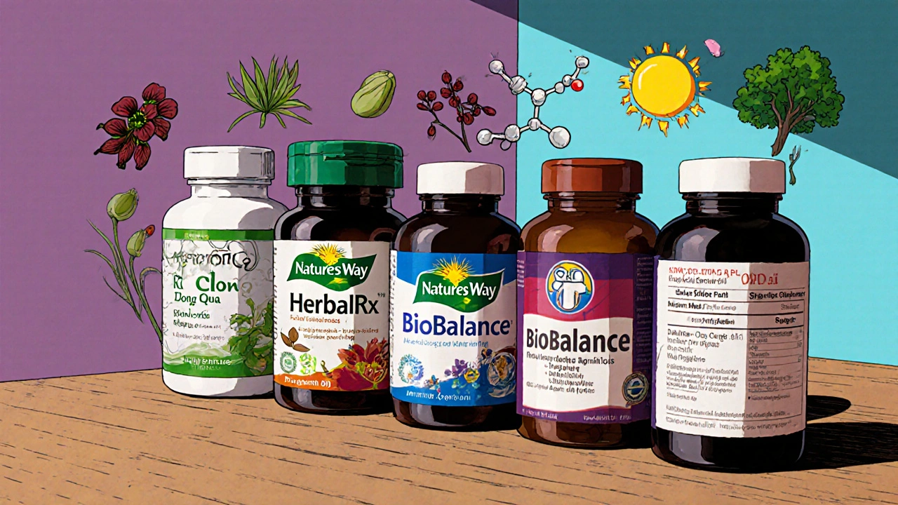 Five supplement bottles displayed with their key herb visuals on a table.