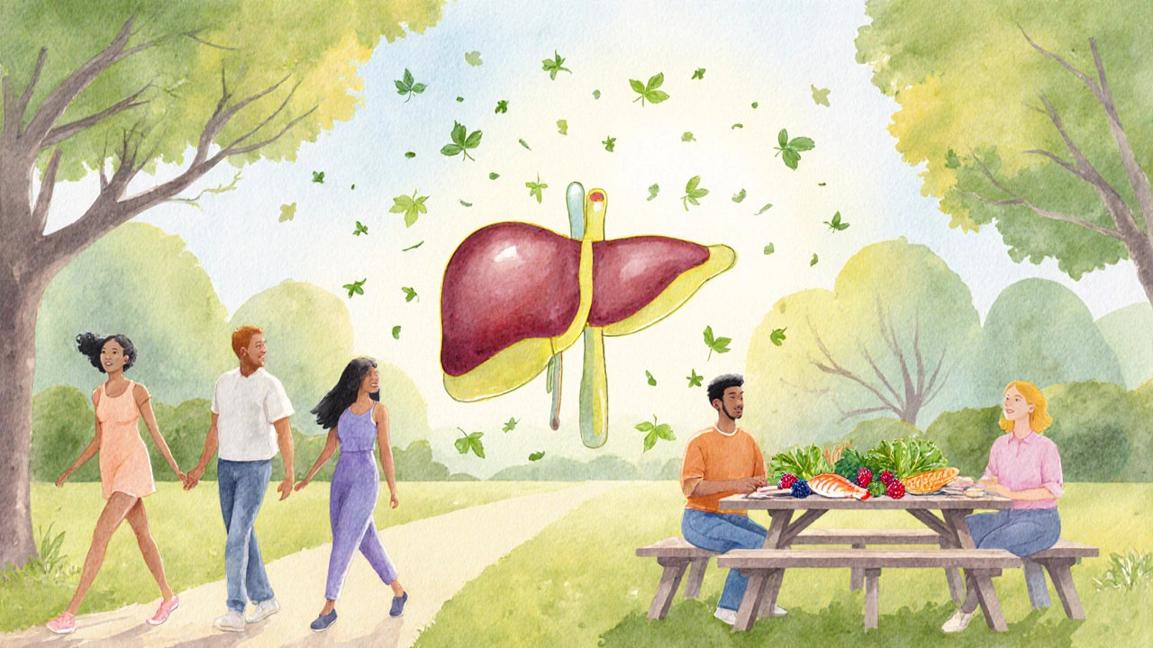 Group exercising outdoors with healthy foods and leaf‑shaped liver in background.