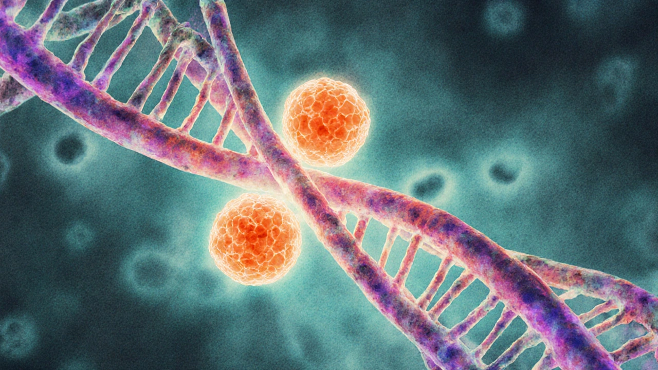 Illustrated view of DNA strands cross‑linked by melphalan molecules inside a cancer cell.