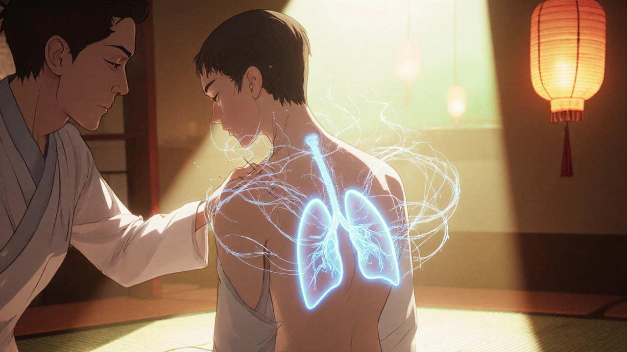 Manhua illustration of acupuncture needles placed at lung points with glowing energy lines around the patient.