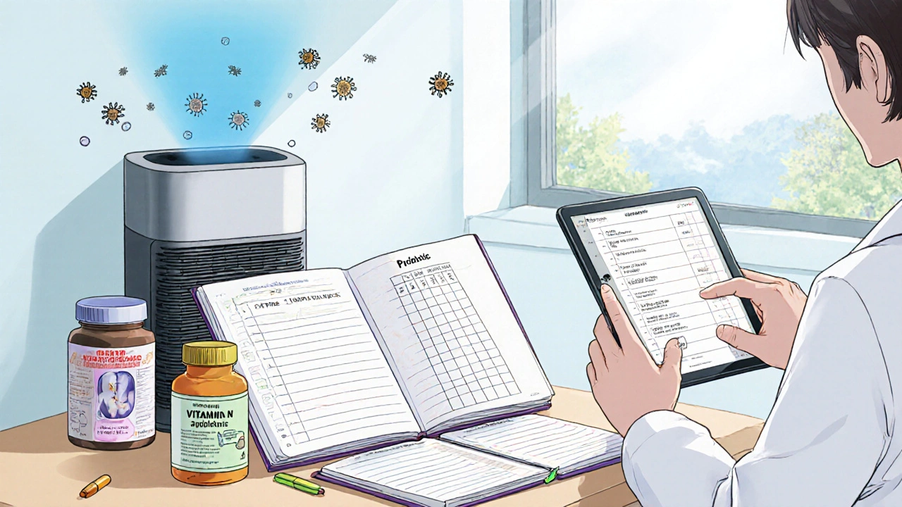 Manhua scene of diary, vitamin D bottle, probiotic jar, air purifier, and doctor discussing asthma care.