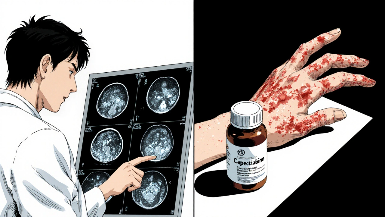 Medical scan showing tumor shrinkage alongside hand-foot syndrome symptoms.