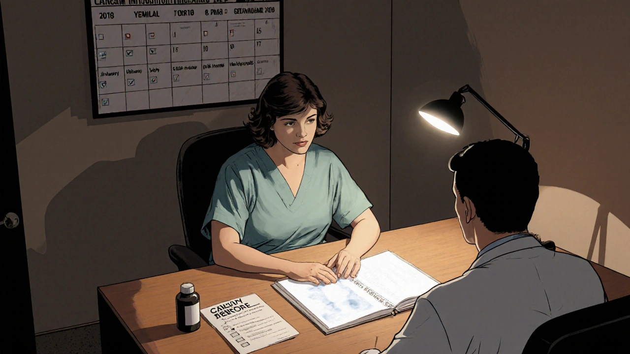 Noir comic illustration of a patient and doctor reviewing a bone scan, calcium bottle, and safety checklist.