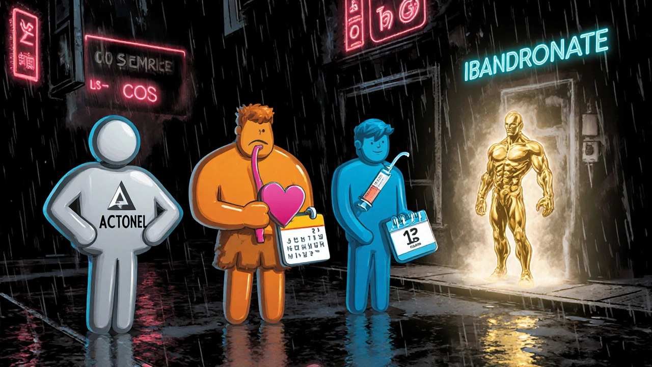 Noir comic scene featuring four personified bisphosphonate drugs as distinct characters with pill and IV symbols.