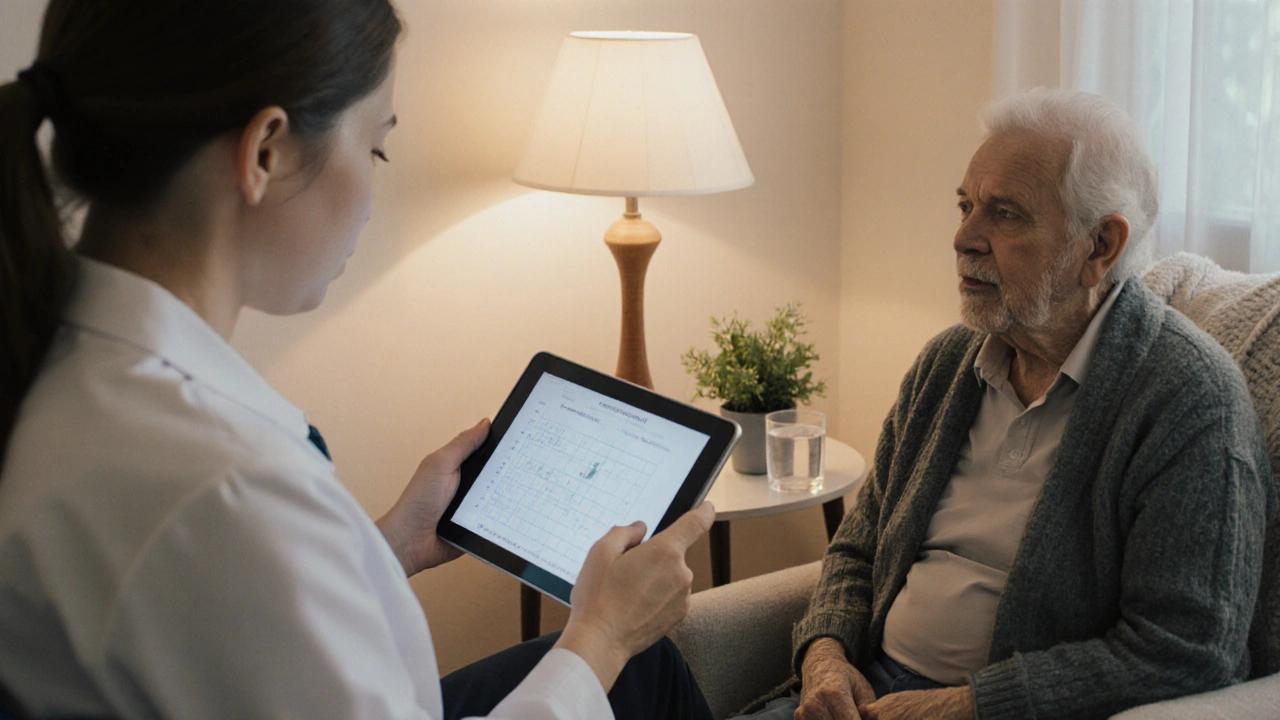 Oncologist and patient discussing treatment in a warm, supportive consultation room.