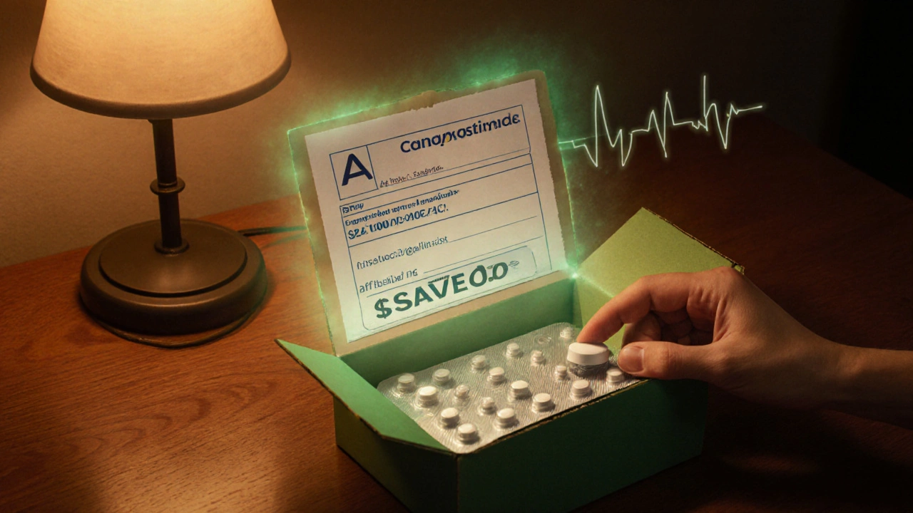 Opened box showing lamotrigine tablets, discount sticker, and prescription overlay.