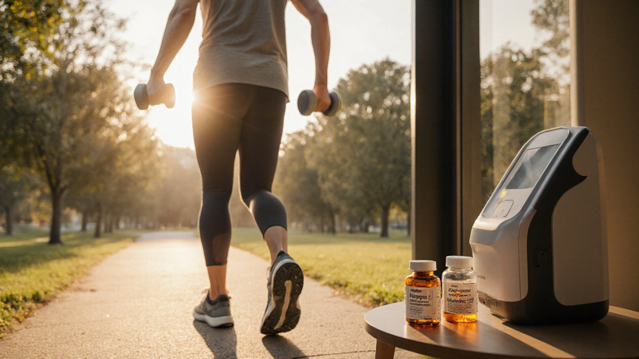 Patient doing weight‑bearing exercise while nearby dialysis and medication items suggest SHPT treatment.