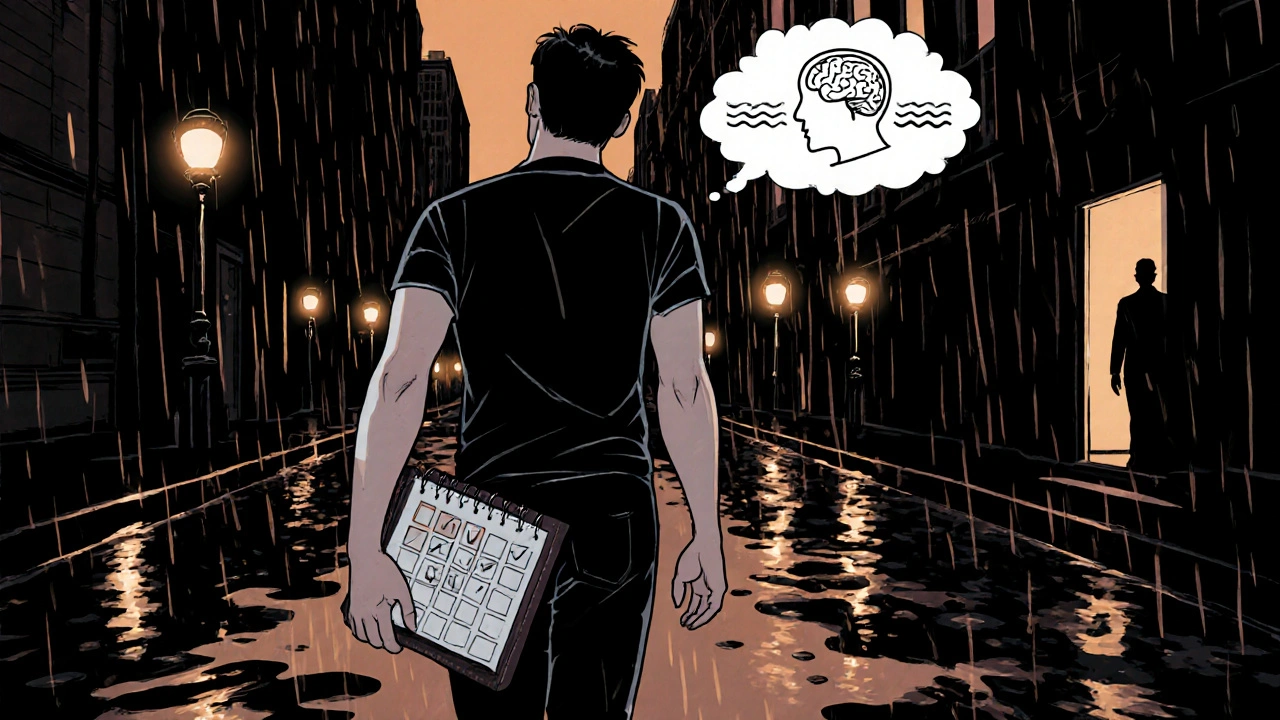 Patient in short sleeves walking confidently, holding diary, calm thought bubble, city street at dusk.