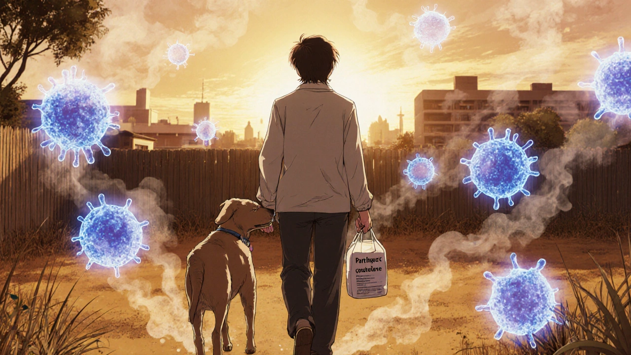 Patient walking at home with pill bag as cancer cells fade in the background.