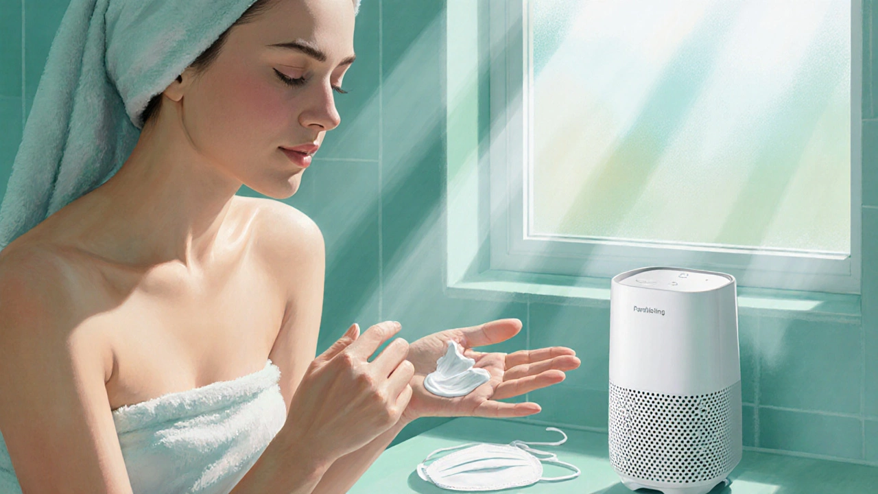 Person applying moisturizer, wearing a mask, with a HEPA purifier nearby.