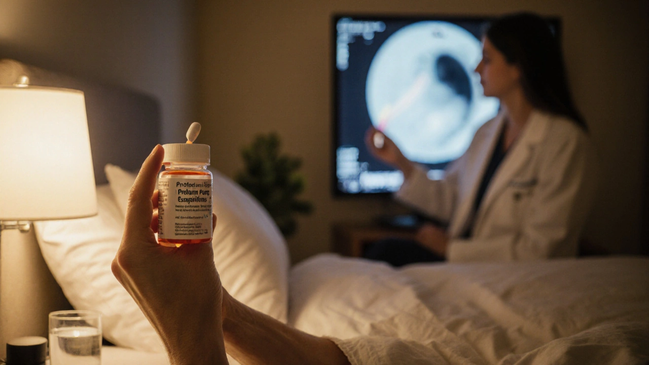 Person taking a pill beside an elevated bedside, with a doctor holding an endoscope.