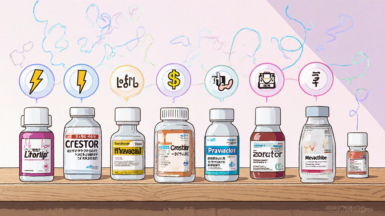 Pharmacy counter displaying eight cholesterol medicines with icons for potency, cost, and side effects.