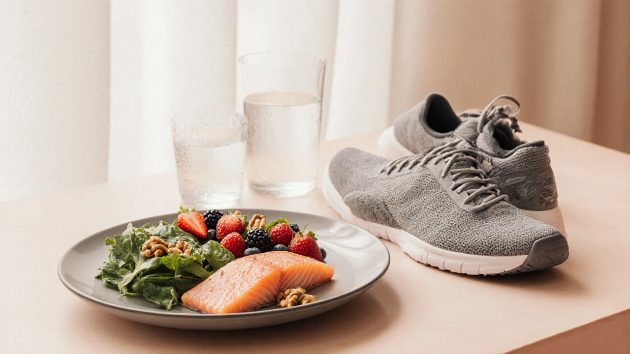 Plate with salmon, nuts, berries, greens, water and supportive shoes for joint health.