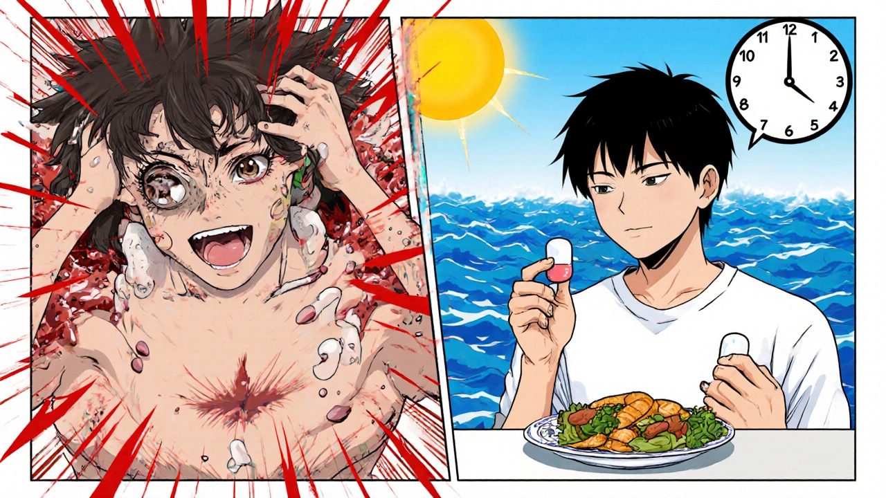 Split image showing restlessness on one side and calm with food and lurasidone on the other, with a clock indicating six weeks of adjustment.