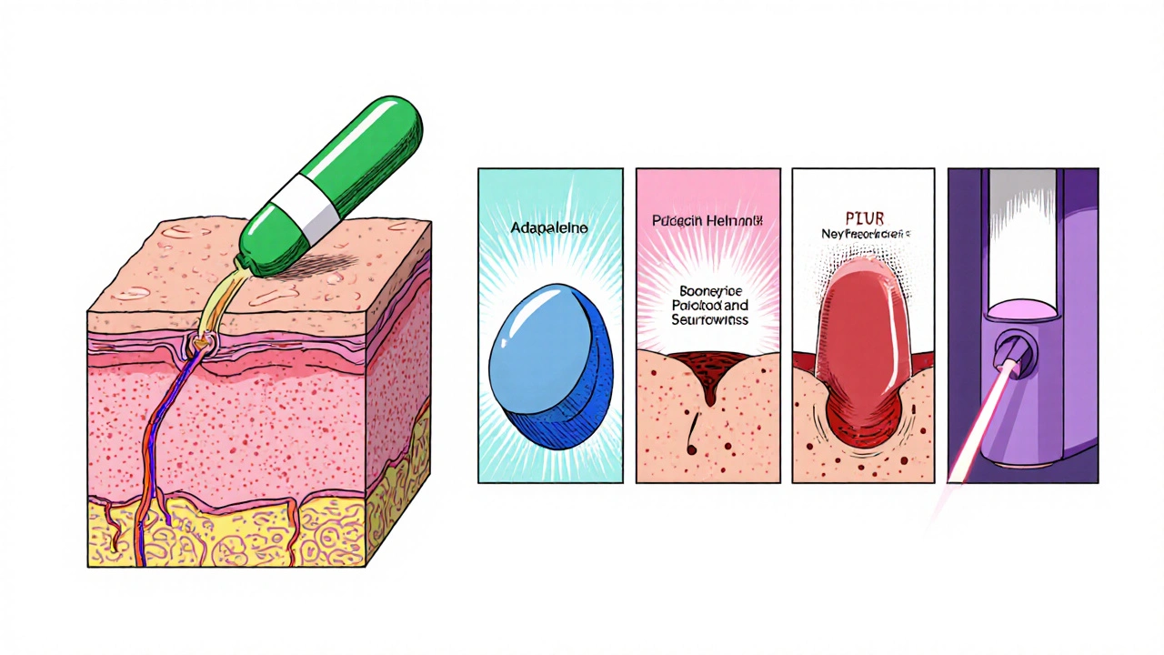 Split panel showing Tretiva shrinking oil glands and other acne treatments as icons.