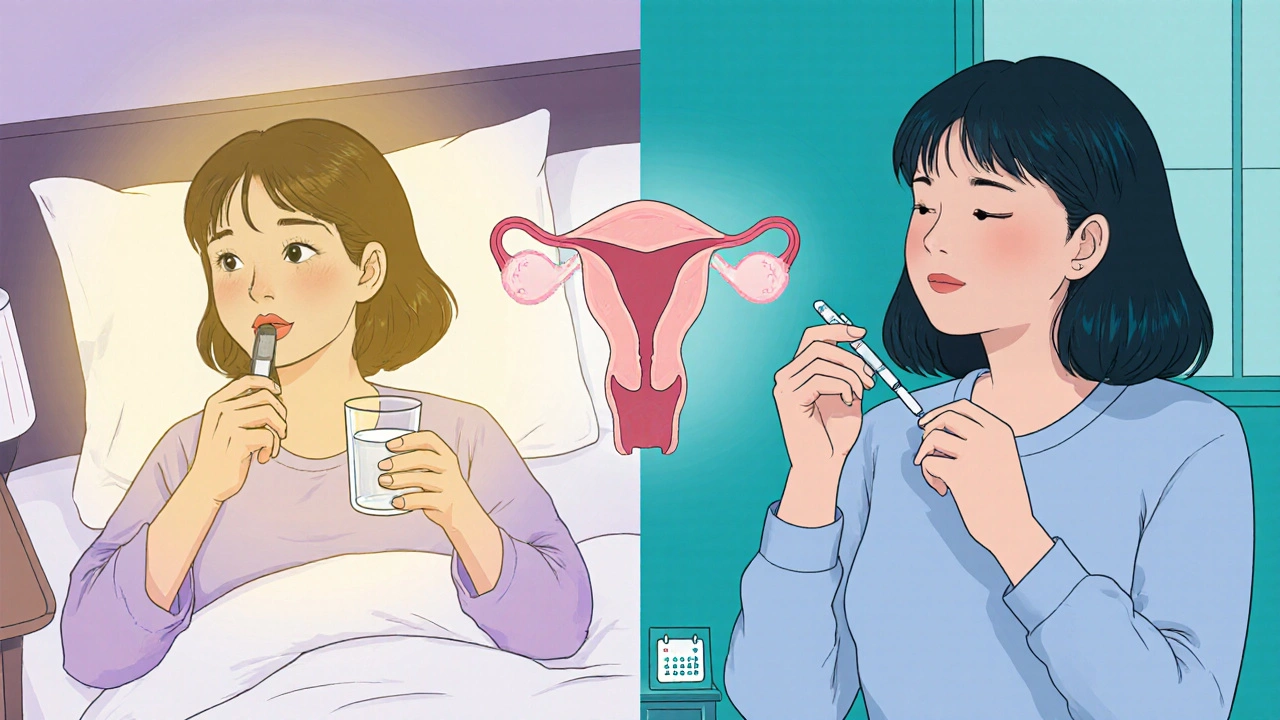 Split scene of a woman taking an oral pill and another applying vaginal gel, both looking relaxed.