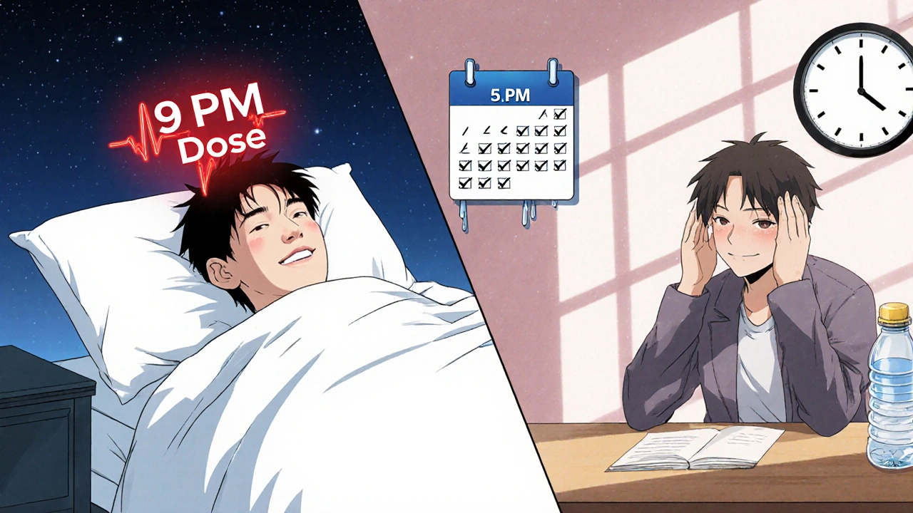 Split scene showing headache at night vs relief after moving tizanidine dose to earlier in the day.
