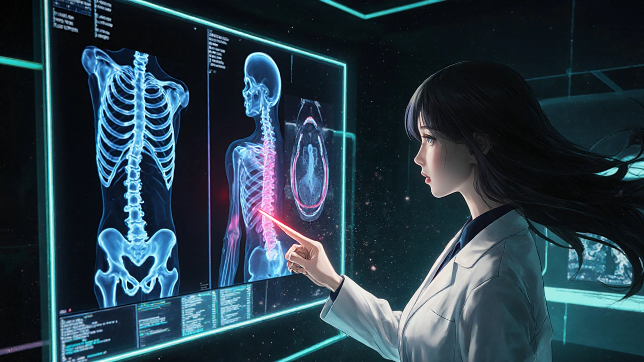 Split-screen of CT and MRI scans highlighting bone lesions with a radiologist pointing.