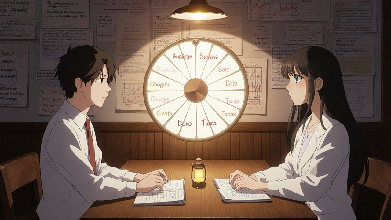 Therapist and patient at a table with a glowing medication wheel and journal charts, symbolizing informed, personalized treatment decisions.