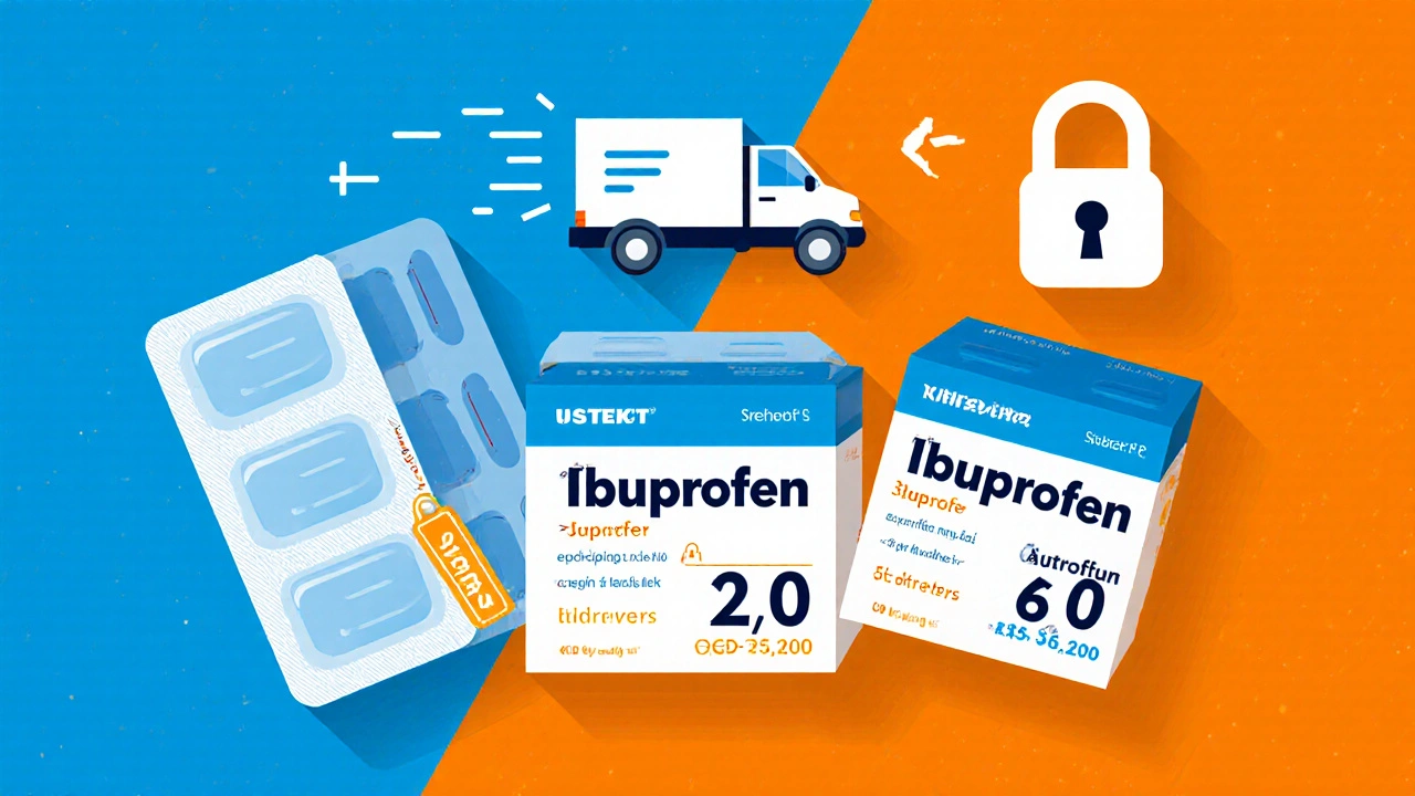 Three ibuprofen blister packs stacked with price icons and courier van.
