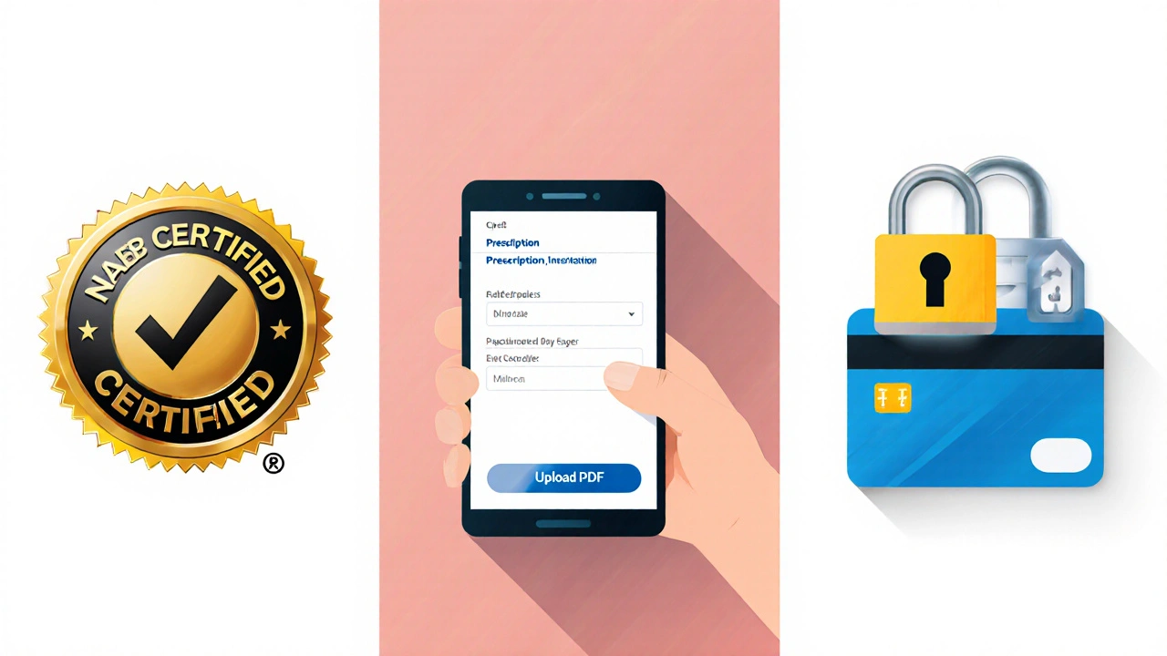 Three-panel illustration: NABP badge, prescription upload, secure payment icons.