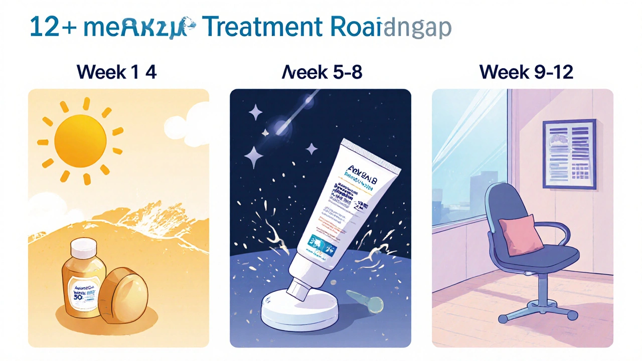 Three‑panel timeline showing a 12‑week melasma treatment plan.