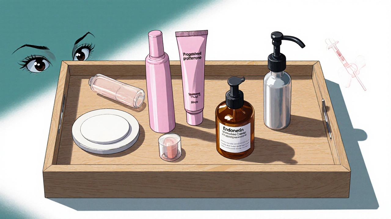 Tray displaying oral tablet, vaginal gel tube, insert capsule, cream jar, and injectable vial.