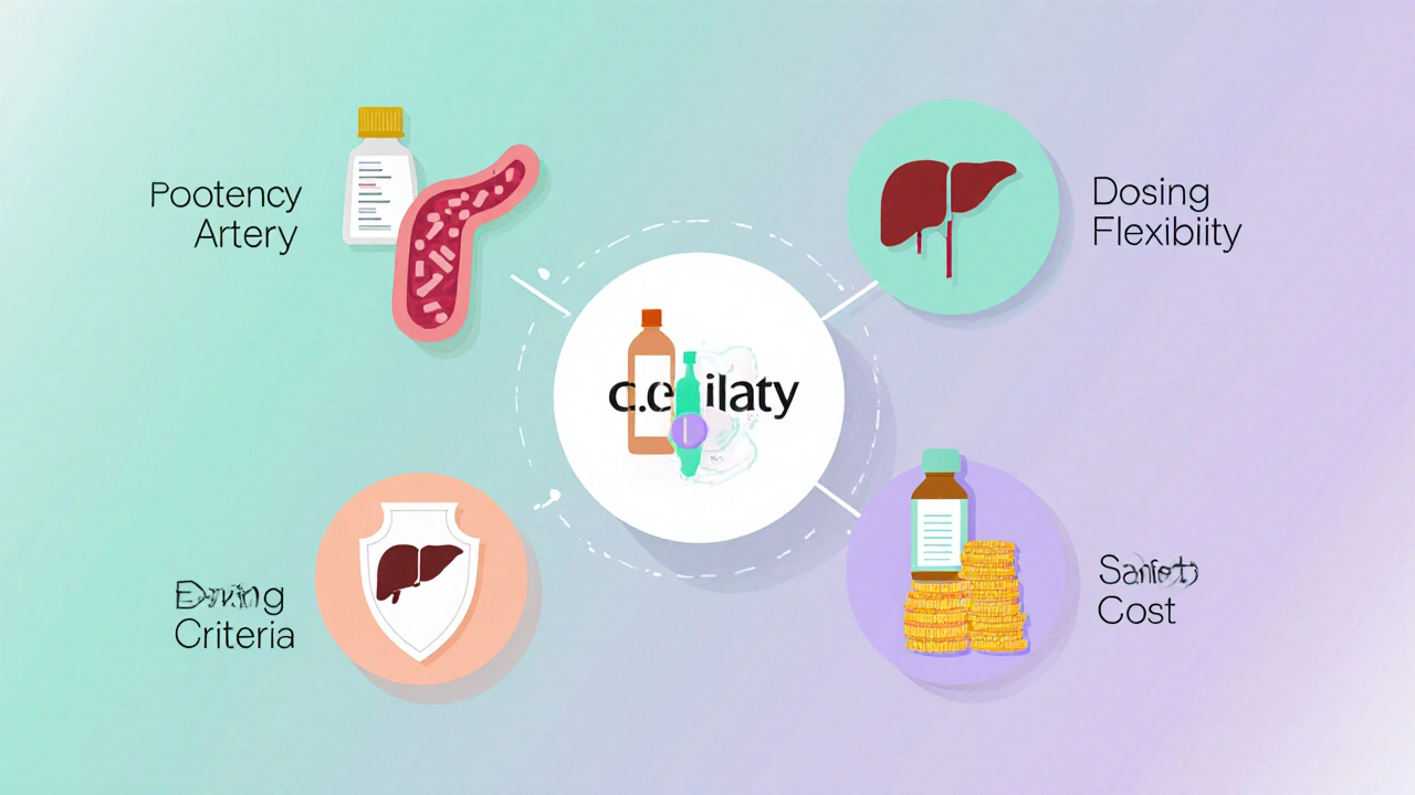 Vector icons showing potency, dosing, safety, and cost around colored statin bottle symbols.