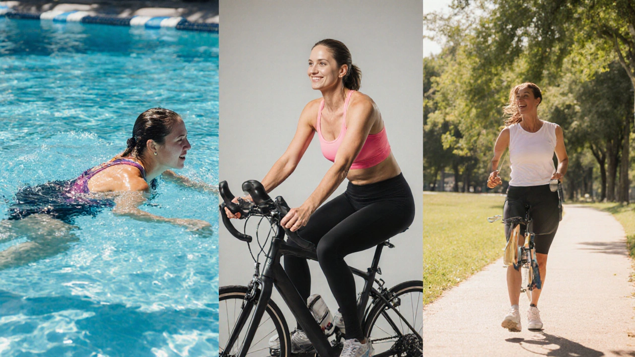 Woman doing swimming, cycling, and walking as low‑impact joint‑friendly exercises.