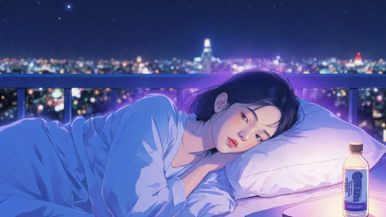 Woman sleeping peacefully on a balcony, surrounded by a cool, calming glow.
