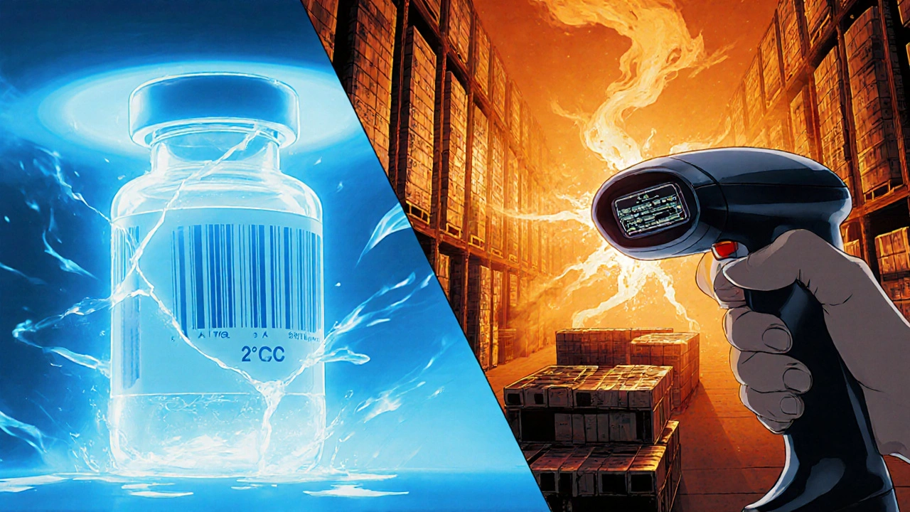 A biologic drug vial contrasts between perfect cold storage and heat-damaged ruin.