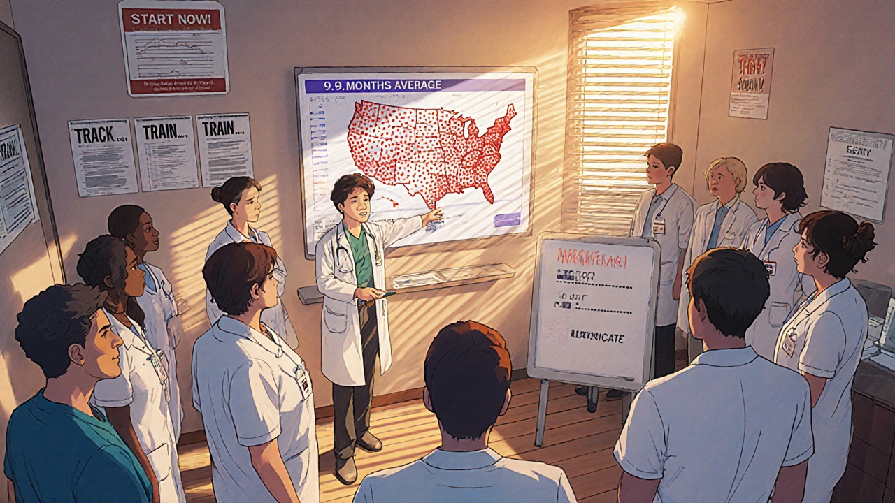 A hospital team gathers around a digital U.S. map covered in red shortage dots, one member writes &#039;START NOW&#039; on a whiteboard as dawn light enters.