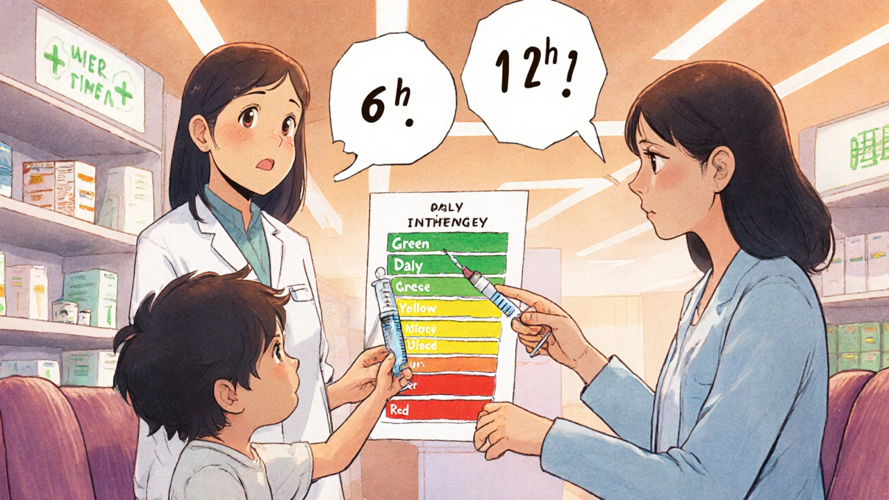 A mother consults a pharmacist in a clinic, using a color-coded chart to track child&#039;s medication schedule.