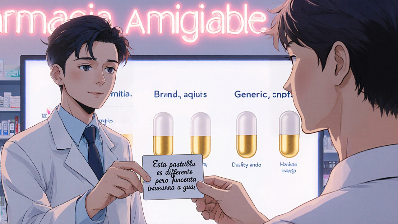 A pharmacist gives a patient a small card with Spanish phrases explaining generic medications in a bright pharmacy.