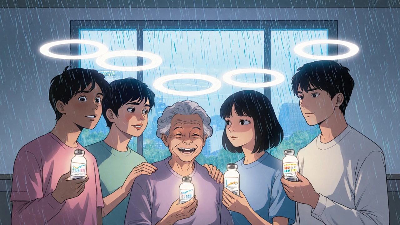 Diverse patients holding glowing biosimilar vials in a community center, illuminated by hopeful light.