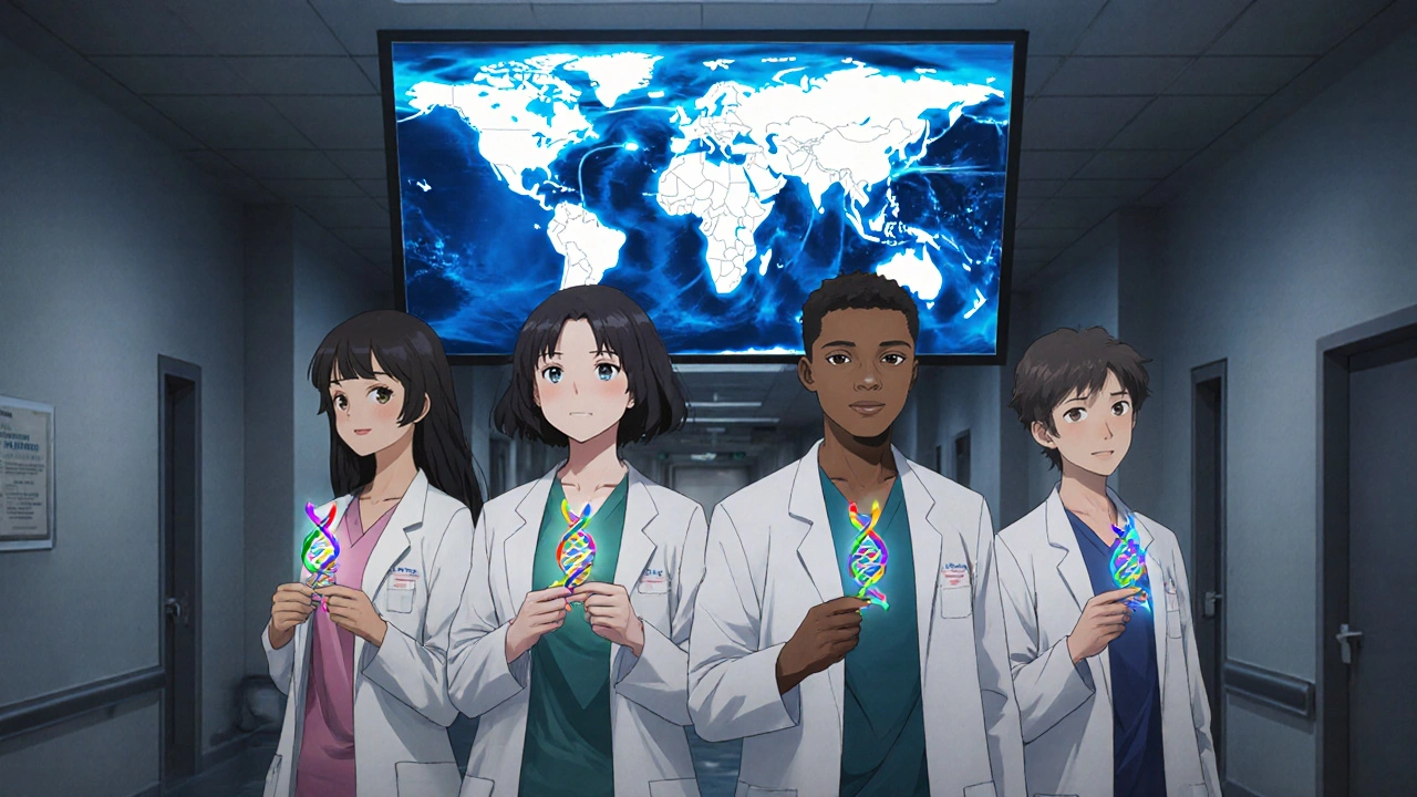 Diverse patients holding glowing DNA pendants, with a map showing connected families in a hospital hallway.