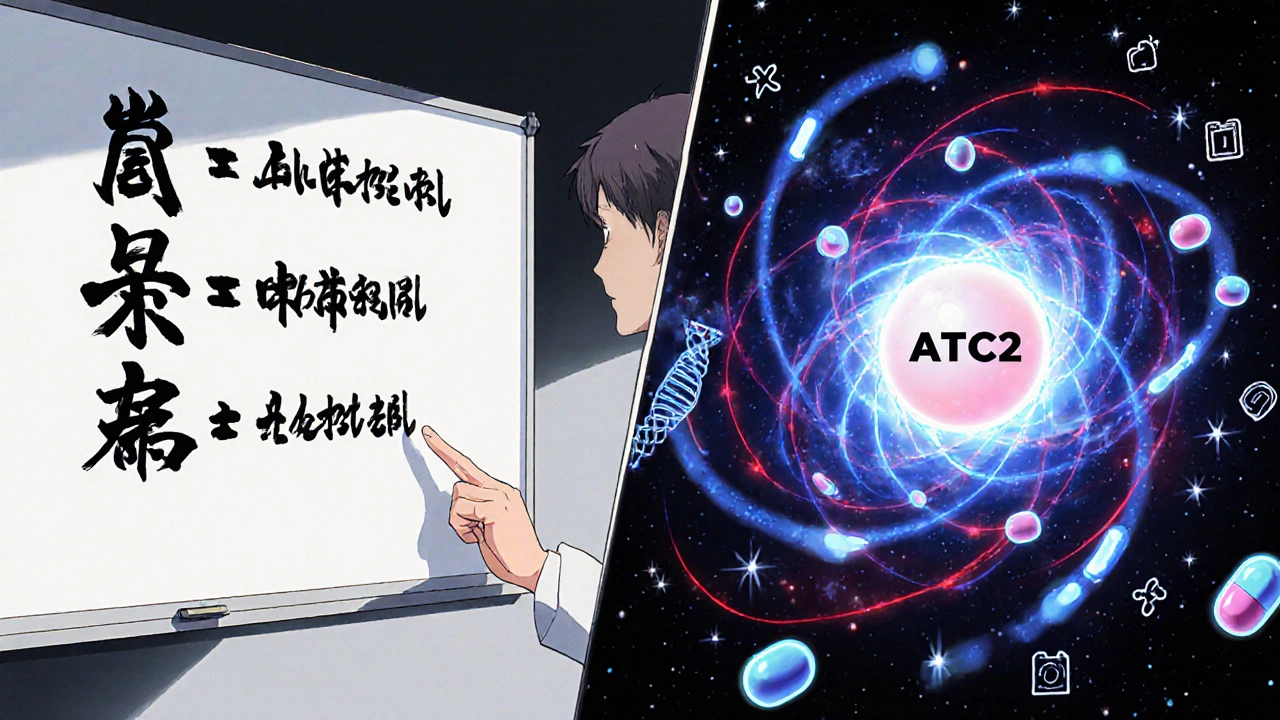 Doctor explains drug naming stems with molecular structures and ATC code glowing in the air.