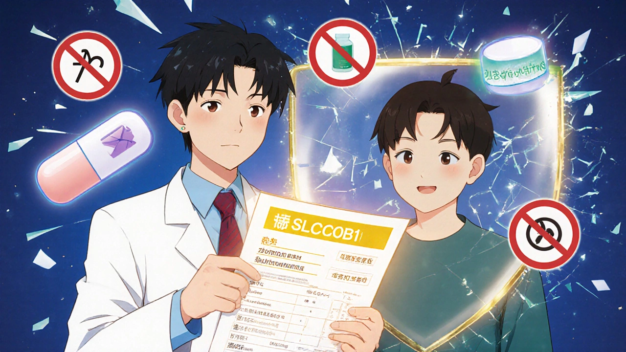 Doctor showing genetic test to patient switching to safer pravastatin, with safe meds forming a protective shield.